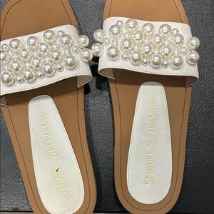 Stuart Weitzman Pearl Embellished Sandals in White and Tan